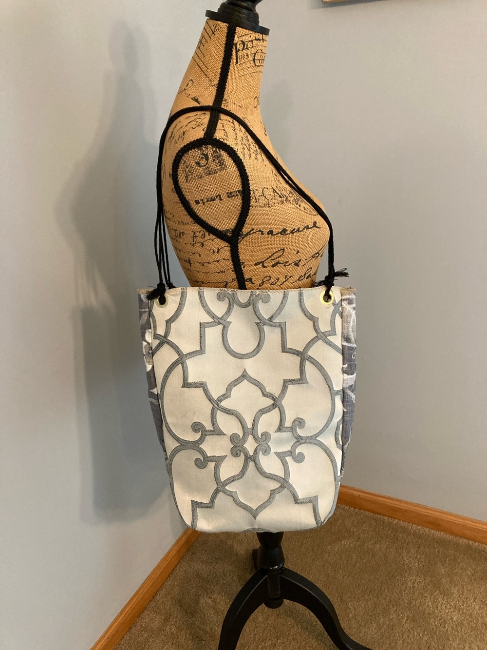 Hand Crafted Cream Silver Gray Embroidered Tote